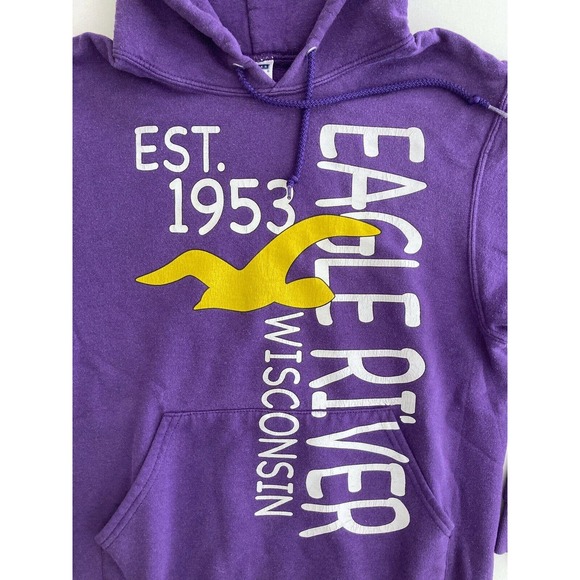 Hoodie Women's MEDIUM Graphic Eagle River, WI Kangaroo Pocket Heavyweight Purple - Picture 2 of 11